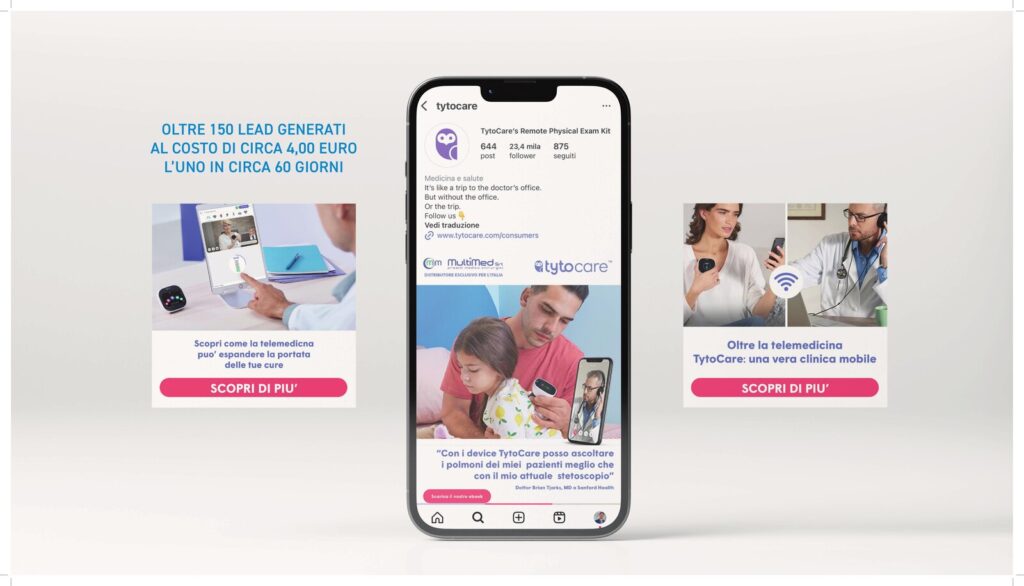 Mockup smartphone TytoCare Italia, post Facebook telemedicina con bambino e medico