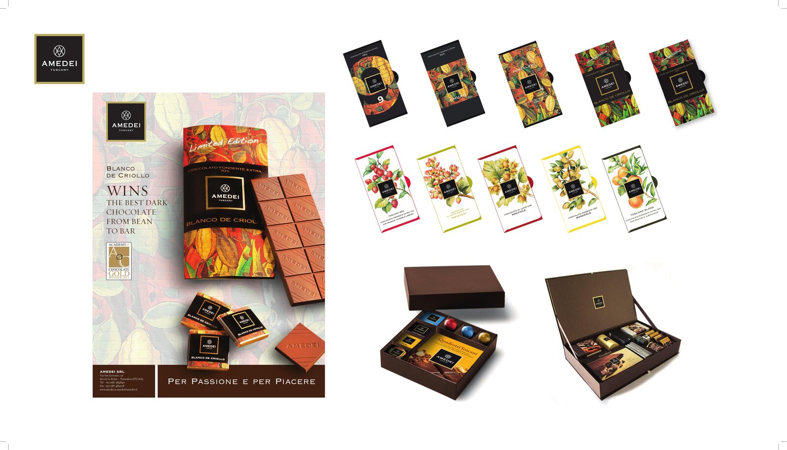 Linea tavolette di cioccolato Amedei Pér Fondente e Pér Foglie, packaging