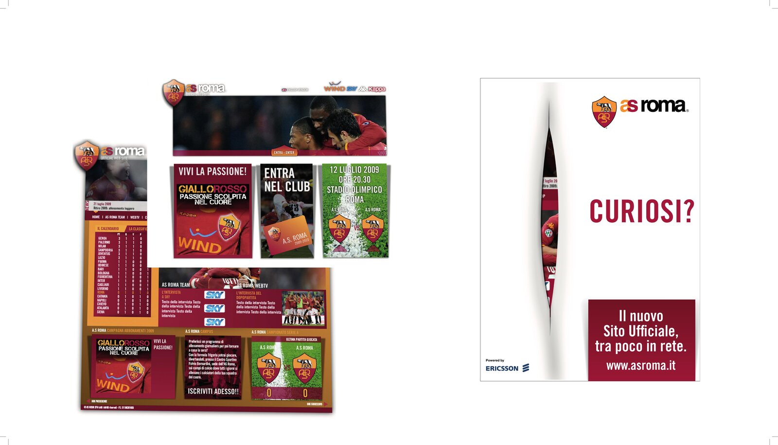 Layout sito AS Roma con banner pubblicitari, smartphone mockup, Curiosi?