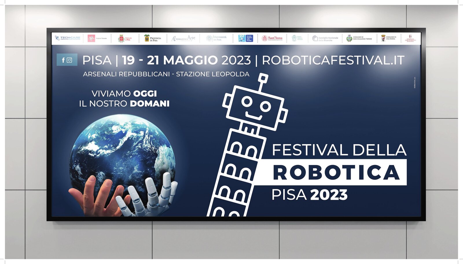 Affissione metro Festival della Robotica Pisa 2023 con illustrazione torre e robot