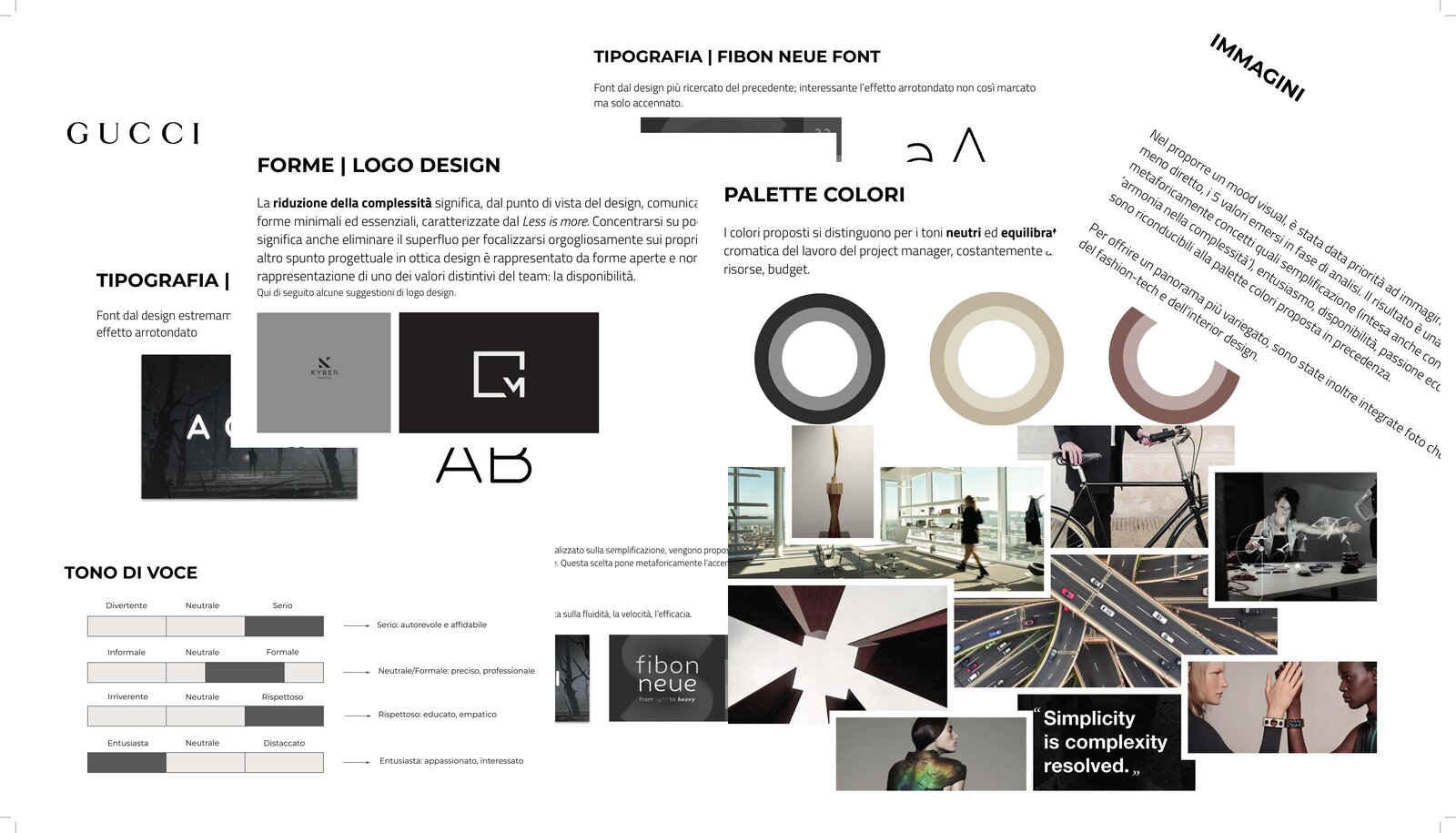 Brand book Gucci con tipografia, palette colori e tono di voce
