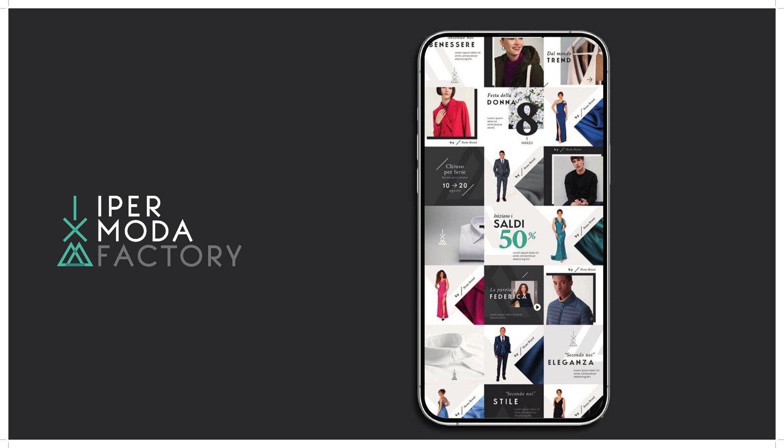 Mockup feed Instagram Ipermoda Factory con post fashion e promozioni