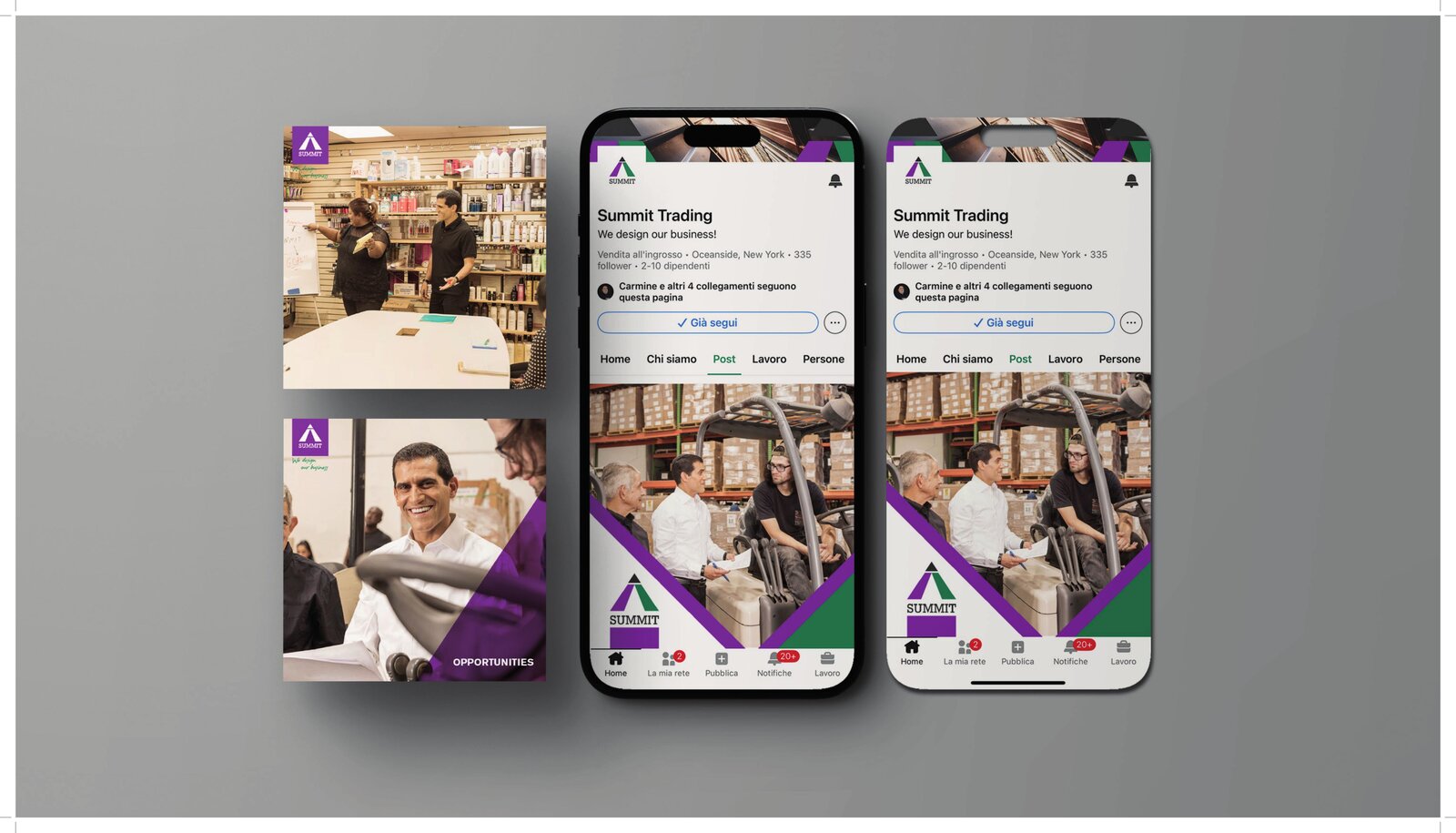 Mockup smartphone profilo Facebook Summit Trading con post aziendali