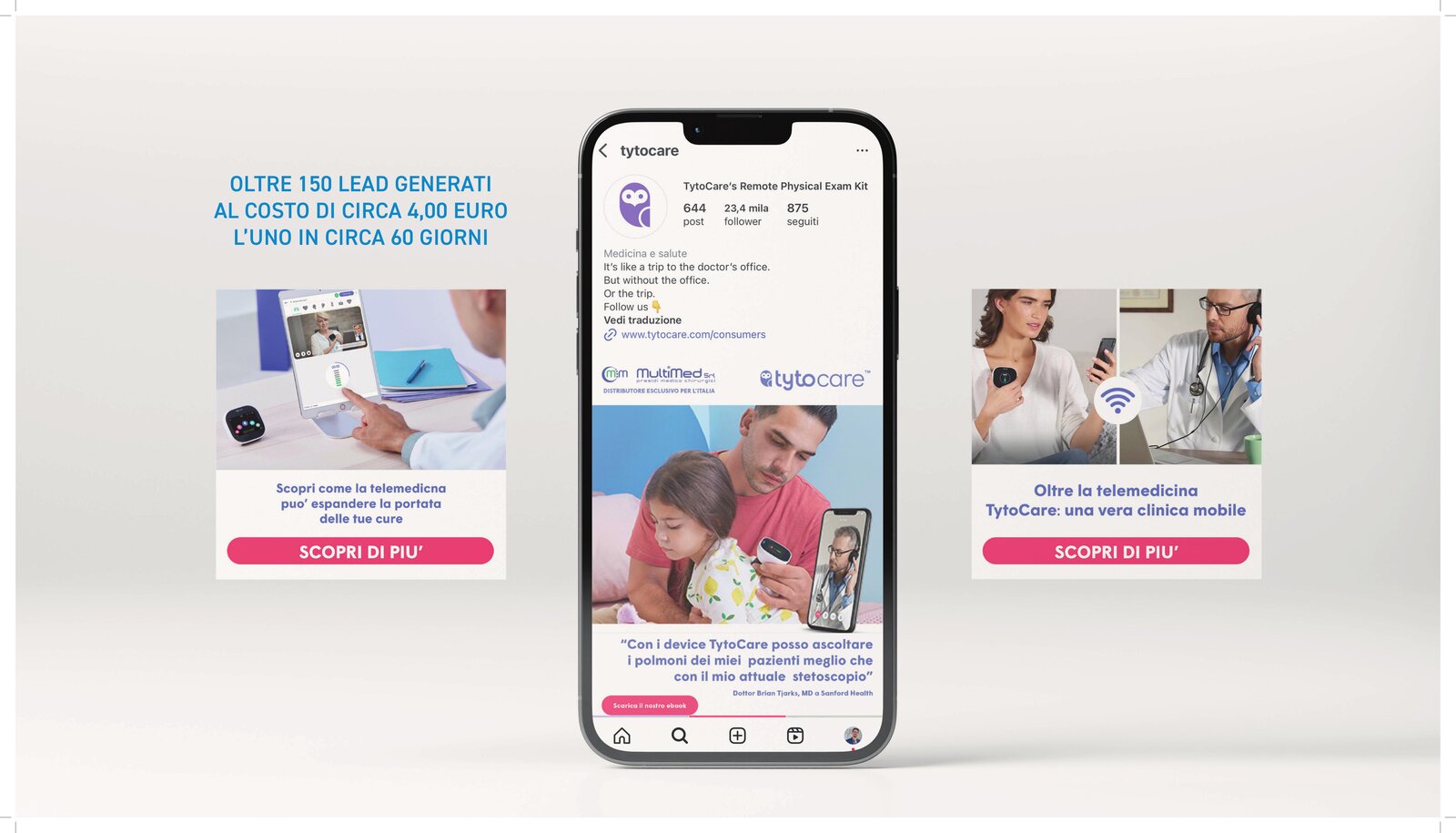 Mockup smartphone TytoCare Italia, post Facebook telemedicina con bambino e medico