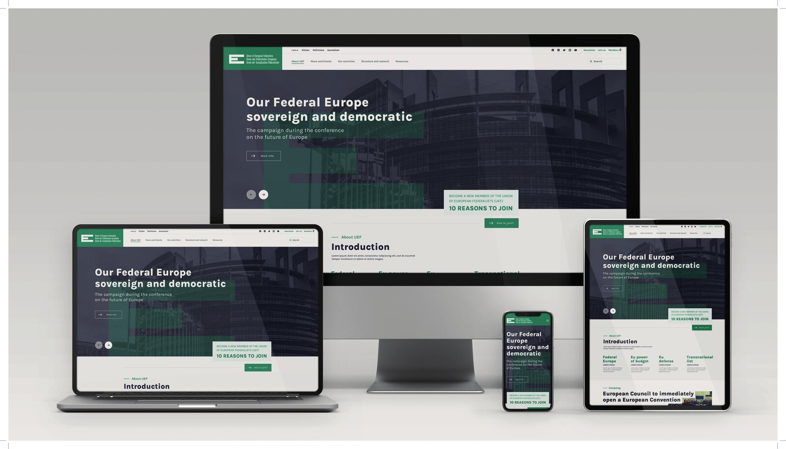 Sito web Union of European Federalists responsive su desktop, smartphone, tablet