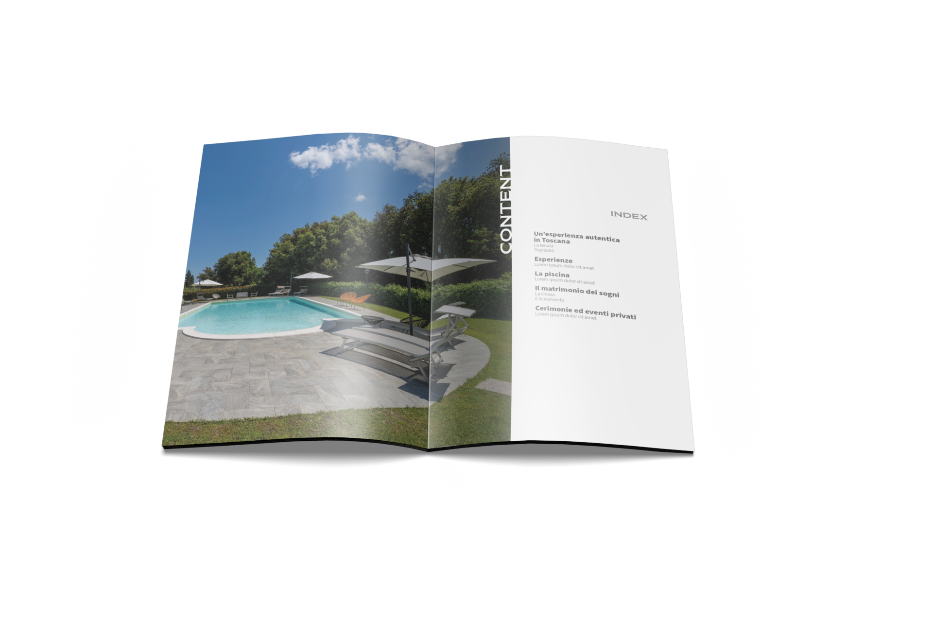 Mockup della brochure di Tenuta I Mandorli con piscina e indice