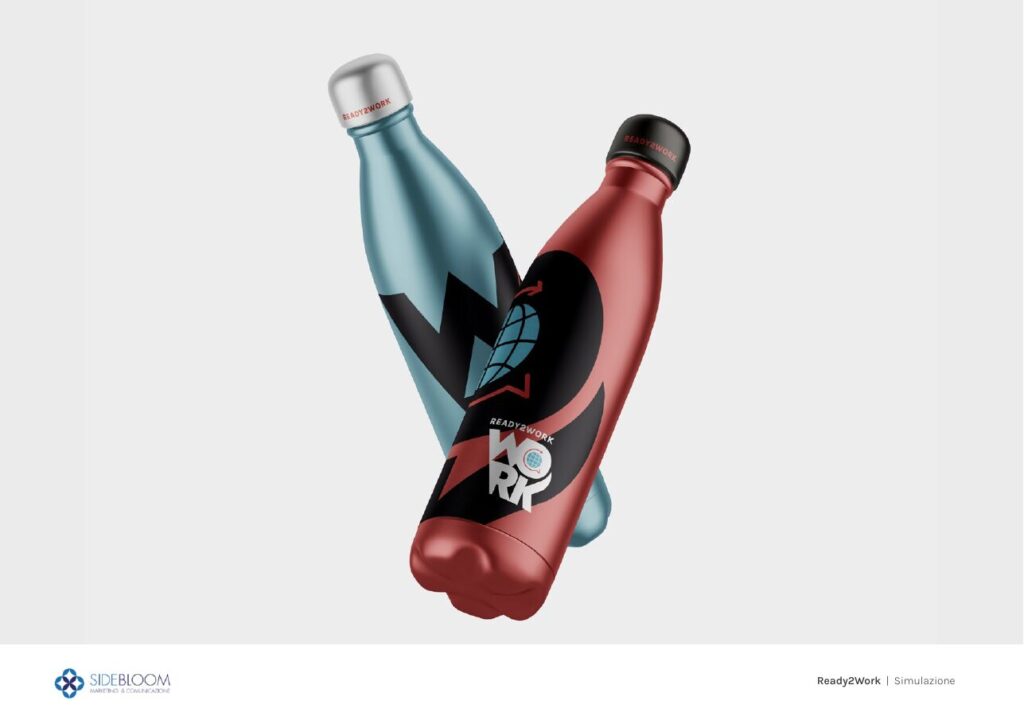 Applicazione della brand identity Ready2Work su borracce