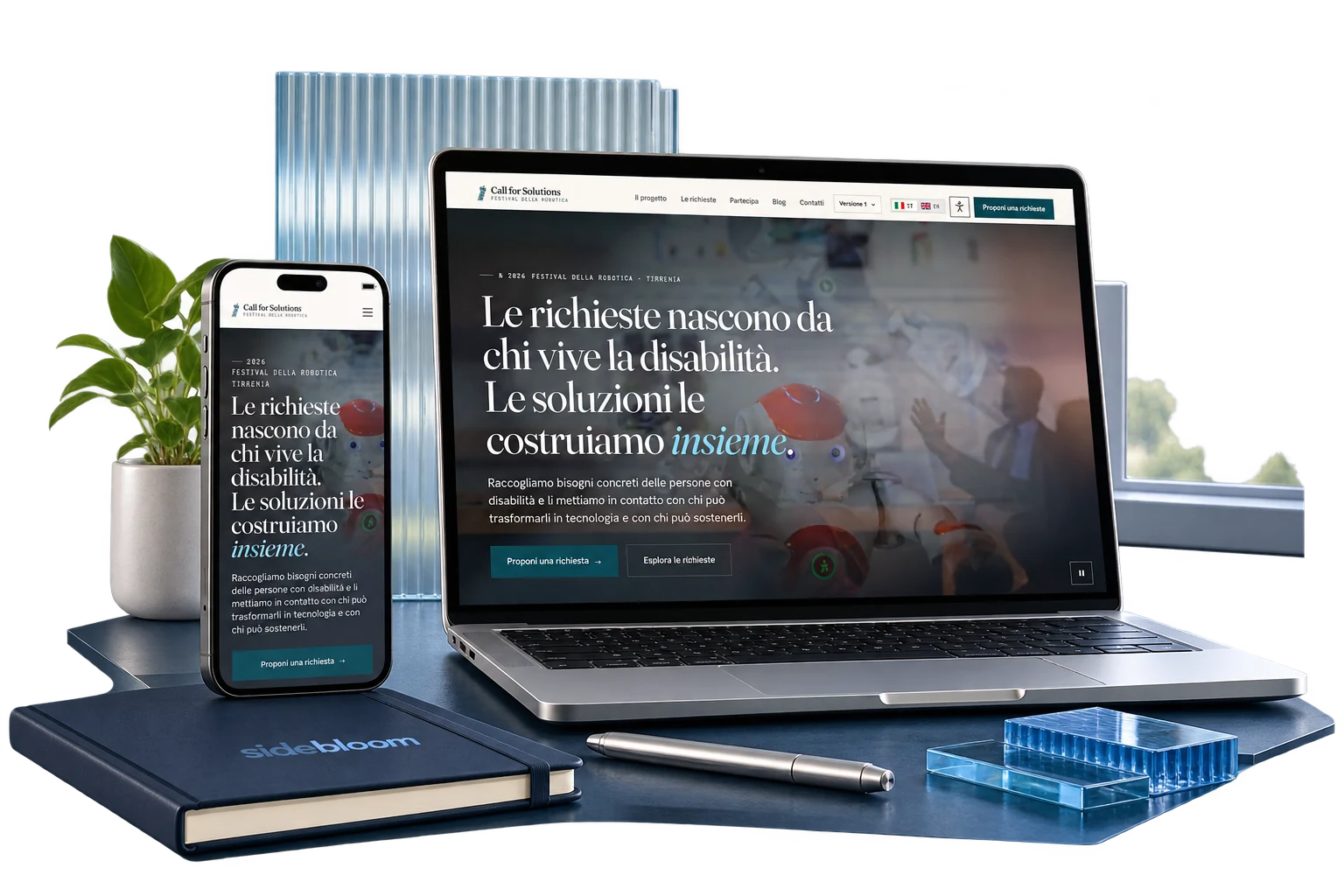 Il sito Call for Solutions realizzato da Sidebloom, presentato su laptop e smartphone