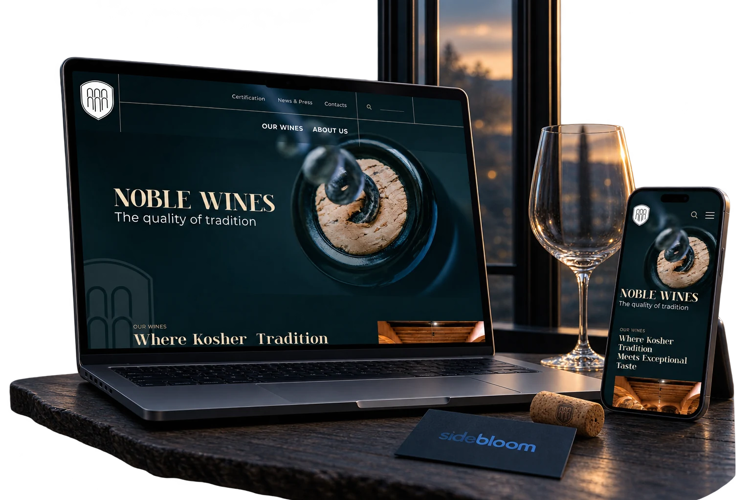 Il sito Noble Wines su laptop e iPhone, con finestra, legno e dettagli legati al mondo del vino